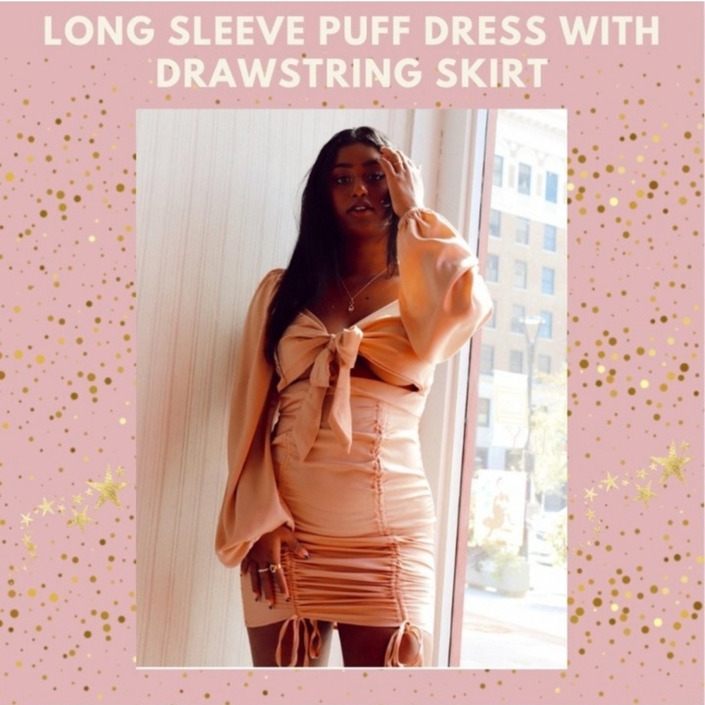 LONG SLEEVE PUFF DRESS WITH DRAWSTRING SKIRT